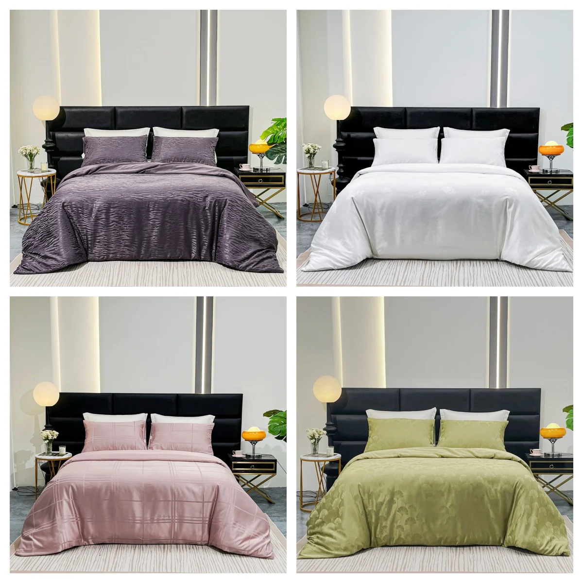 

3Pc Jacquard Duvet Cover & Pillowcases Set Shiny Satin Weave Luxury Bedding Queen Size Hotel Style Bed Linen Elegant Home Decor
