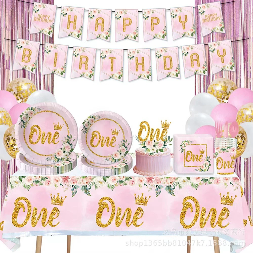 Girls One First Happy Birthday Disposable Tableware  Pink Plate Napkins Cup Hat for Baby Shower 1 Year Old Birthday Party Deco