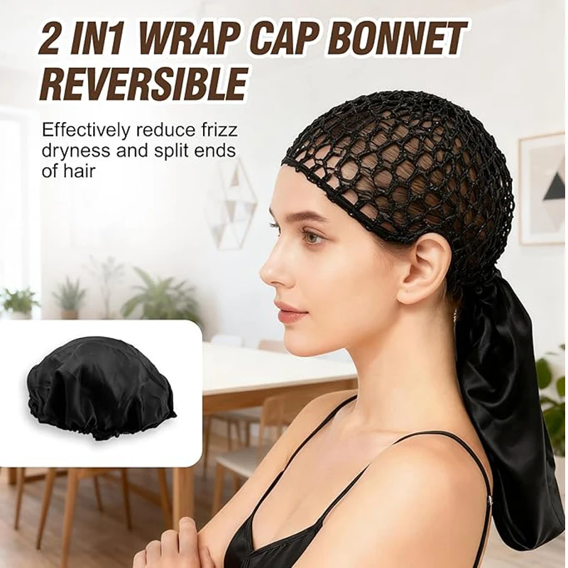 2 In 1 Wrap Cap Bonnet For Sleeping Crochet Mesh Wrap Caps For Silk Press Curly Hair & Wig Protection Soft Bonnets For Women