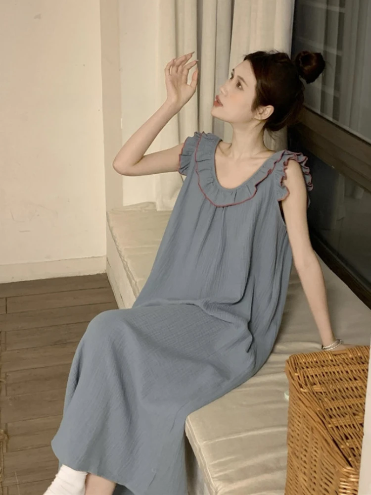 

Nightgowns Women Vintage Students Comfortable Ruffles Loose Summer Kawaii Sleepwear Leisure Home Lounge Flying Sleeve Ins Style