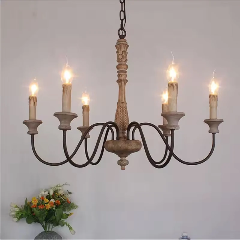 

American Vintage Solid Wood Carved Chandelier Living Room Dining Room Bedroom clothing stores Villa Home Decor pendant lights