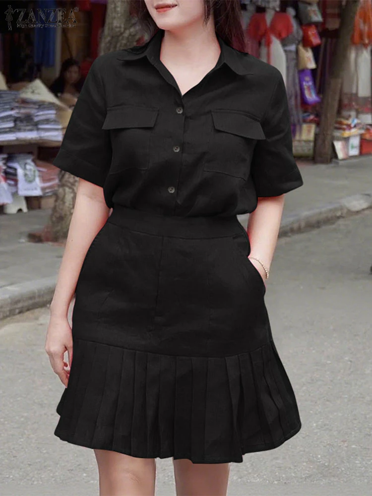 Sukienka damska ZANZEA na co dzień z krótkim rękawem, plisowana sukienka letnia z kołnierzykiem, jednolita kolorystycznie, krótka sukienka na imprezę, Vestidos Femme Robe, 2025