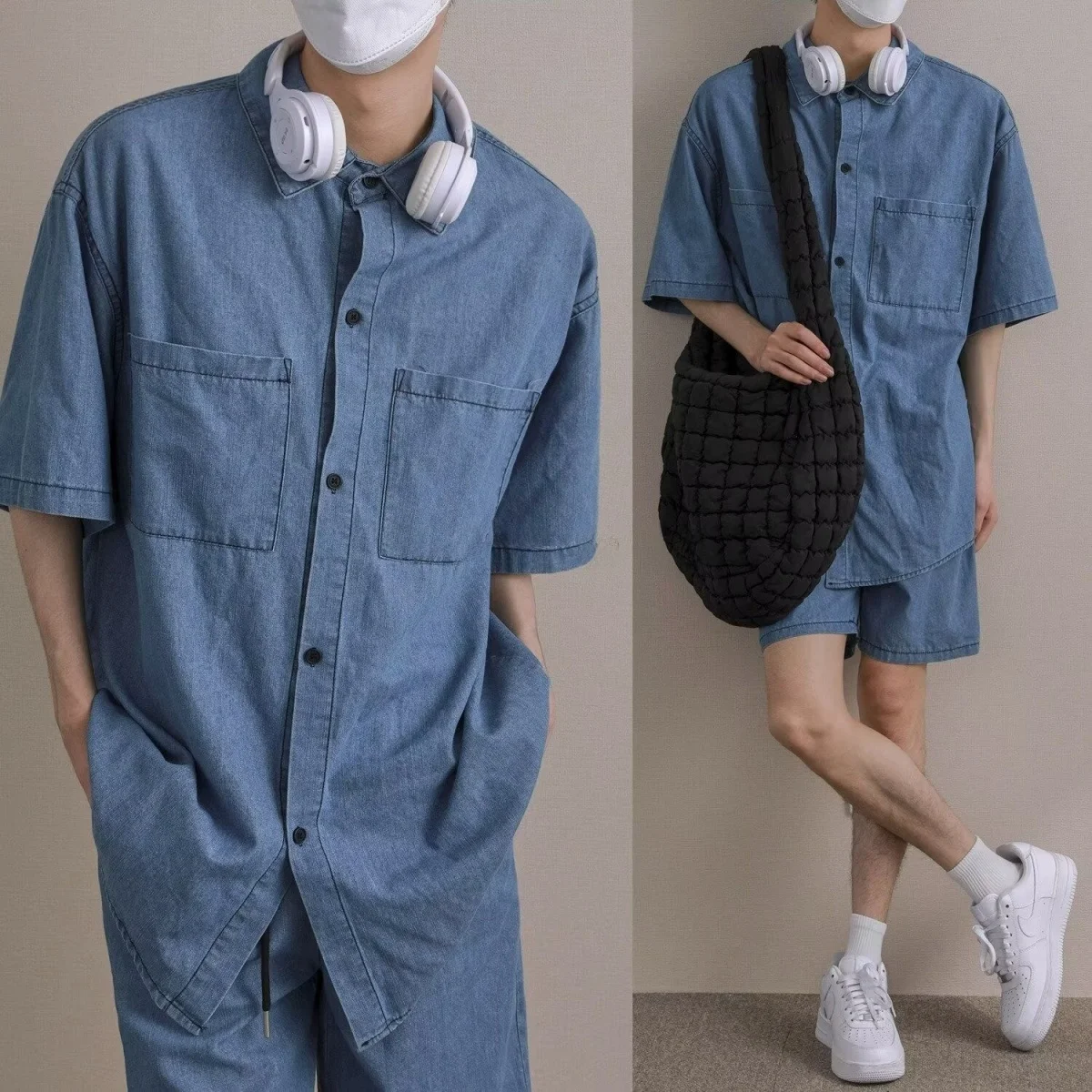 

Ретро-китайская рабочая одежда в китайском стиле, свободная мужская джинсовая рубашка с короткими рукавами, молодежная летняя верхняя одежда стандартного кроя из полиэфирного волокна