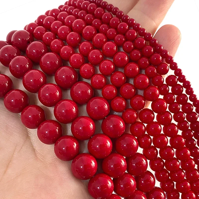 Round Red Coral Glass Beads Loose Smooth Natural Spacer Stone Bead For Jewelry Making DIY Bracelet Earrings Accessories 4-12MM