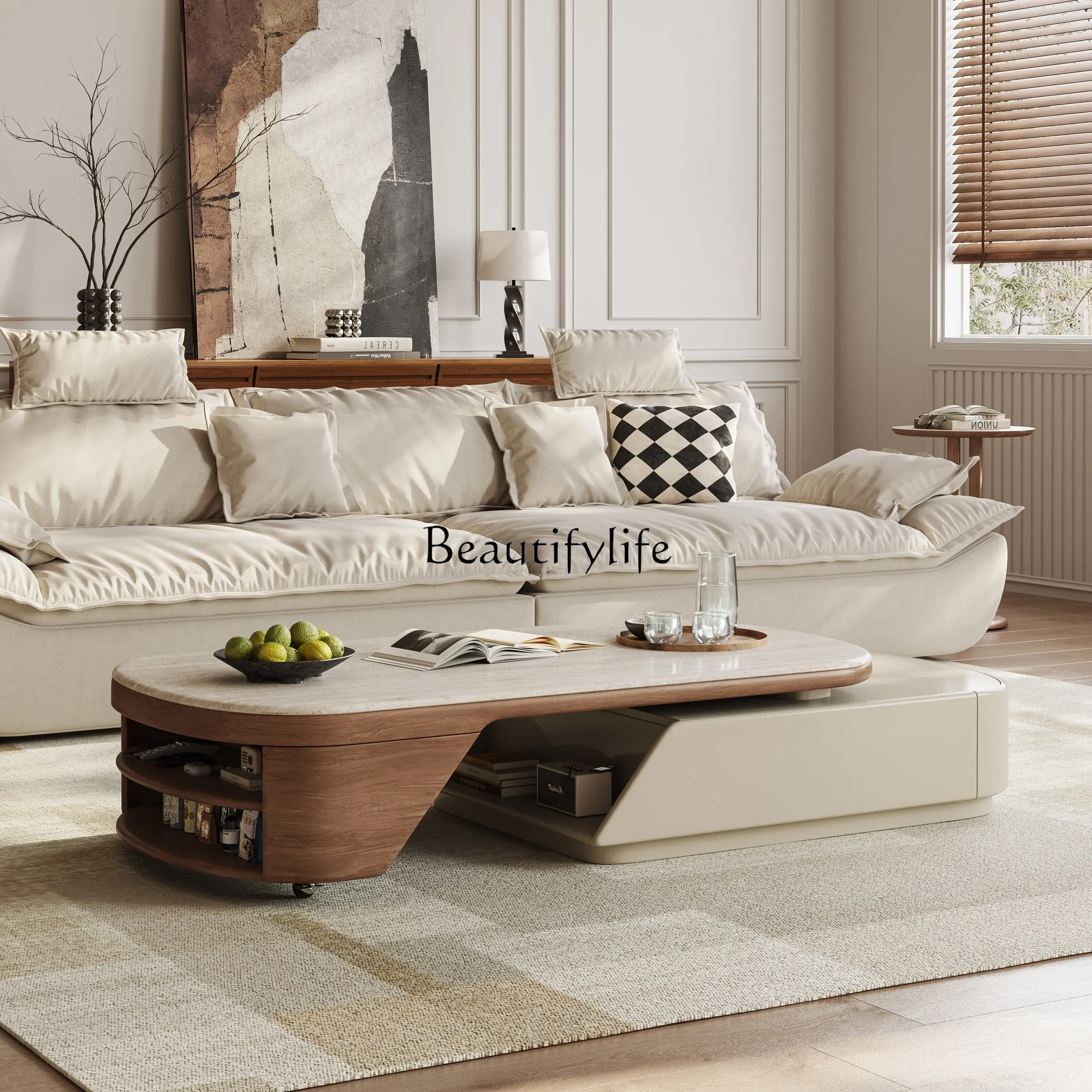 

LJYTravertine Stone Plate Coffee Table Retractable 2025 New Style Medieval Style Living Room Multi-functional Tea Table