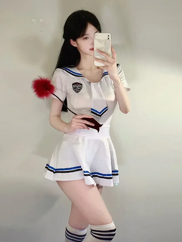 

New Style Summer Fun Sailor Sexy Hot Uniform Pleated Thin Skirt Set Sheer JK Style Elastic Waist Tie Sweet Cute Slim Soft HA1F