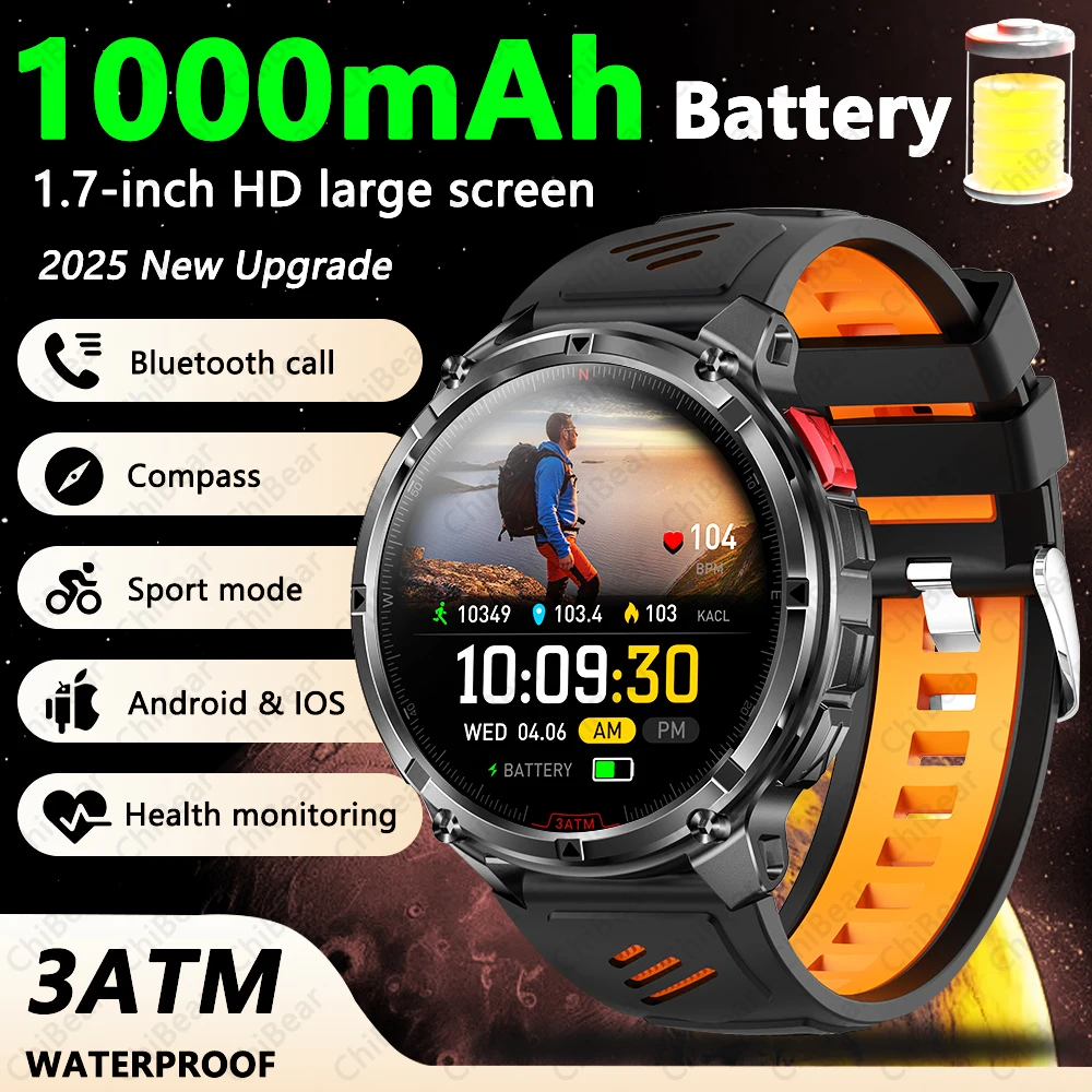 

Outdoor Compass GPS Smart Watch 1.7 Inch HD Screen 1100mAh Battery Men Watch 1ATM Waterproof Bluetooth Call Sports Smartwatch Ma