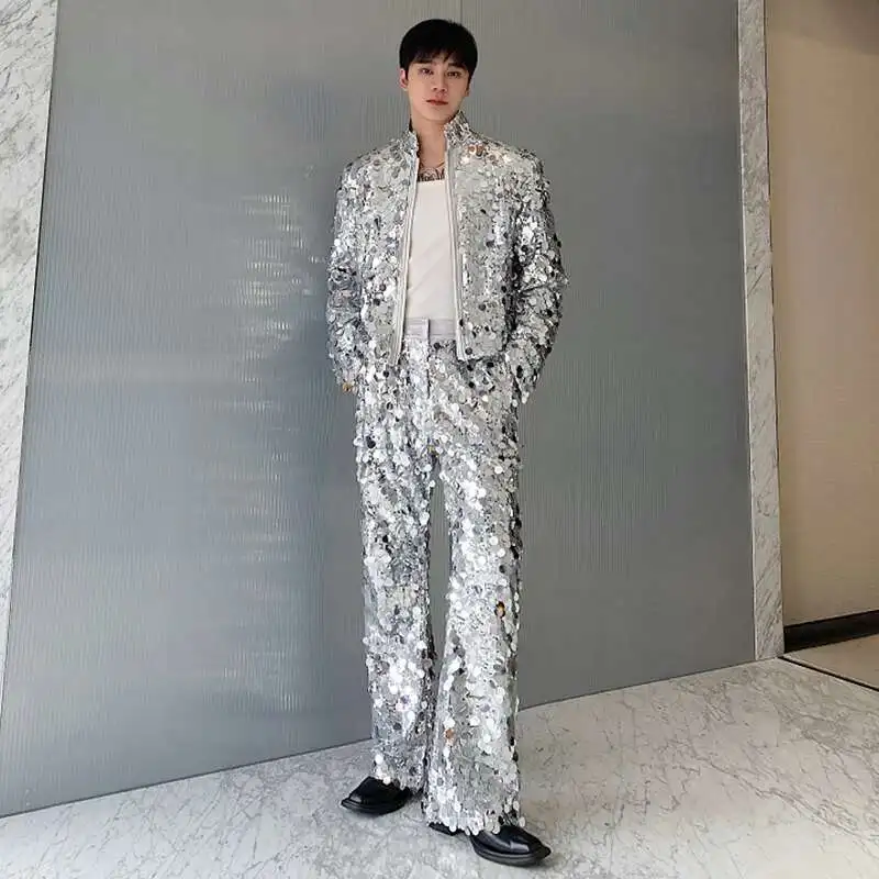 LUZHEN Personalized Sequin Stand Up Collar Short Jacket Trendy Cool Stage Outfit New 2025 Stylish High Street Men\'s Tops LZ6684