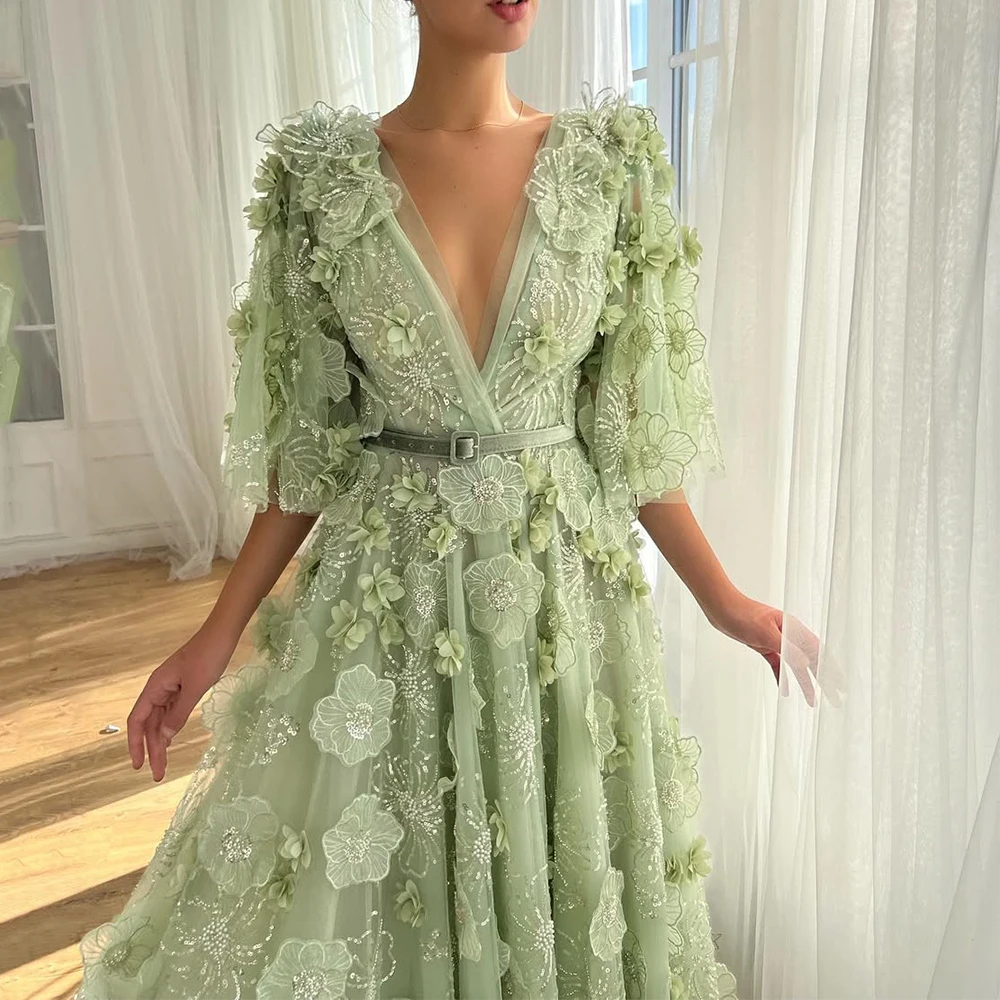 

Floral Tulle Evening Dress V-Neck Half Sleeve with 3D Flowers and Applique Lace A-Line Floor Length Prom فساتين سهرات