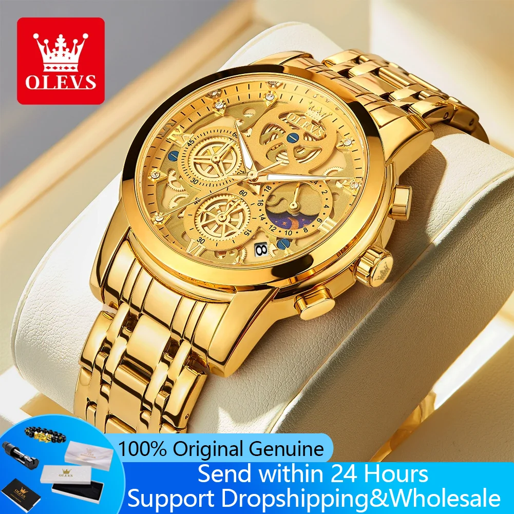 OLEVS 9947 Original Quartz Watch For Man Fashion Flywheel Dial Moon Phase Chronograph Waterproof Luminous Luxury Mens Wristwatch