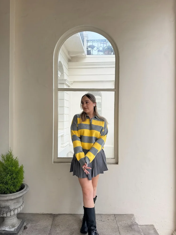 

Women Casual Stripe Knitted Pullover Long Sleeves Solid Loose Round Neck Turndown Collar Sweater Lady Commute Street Sweaters