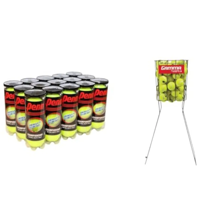 

Championship Extra Duty Tennis Balls 15 Cans 45 Balls and Gamma Tennis Ball Hopper Hi-Rise 75 Holds 75 Balls Silver