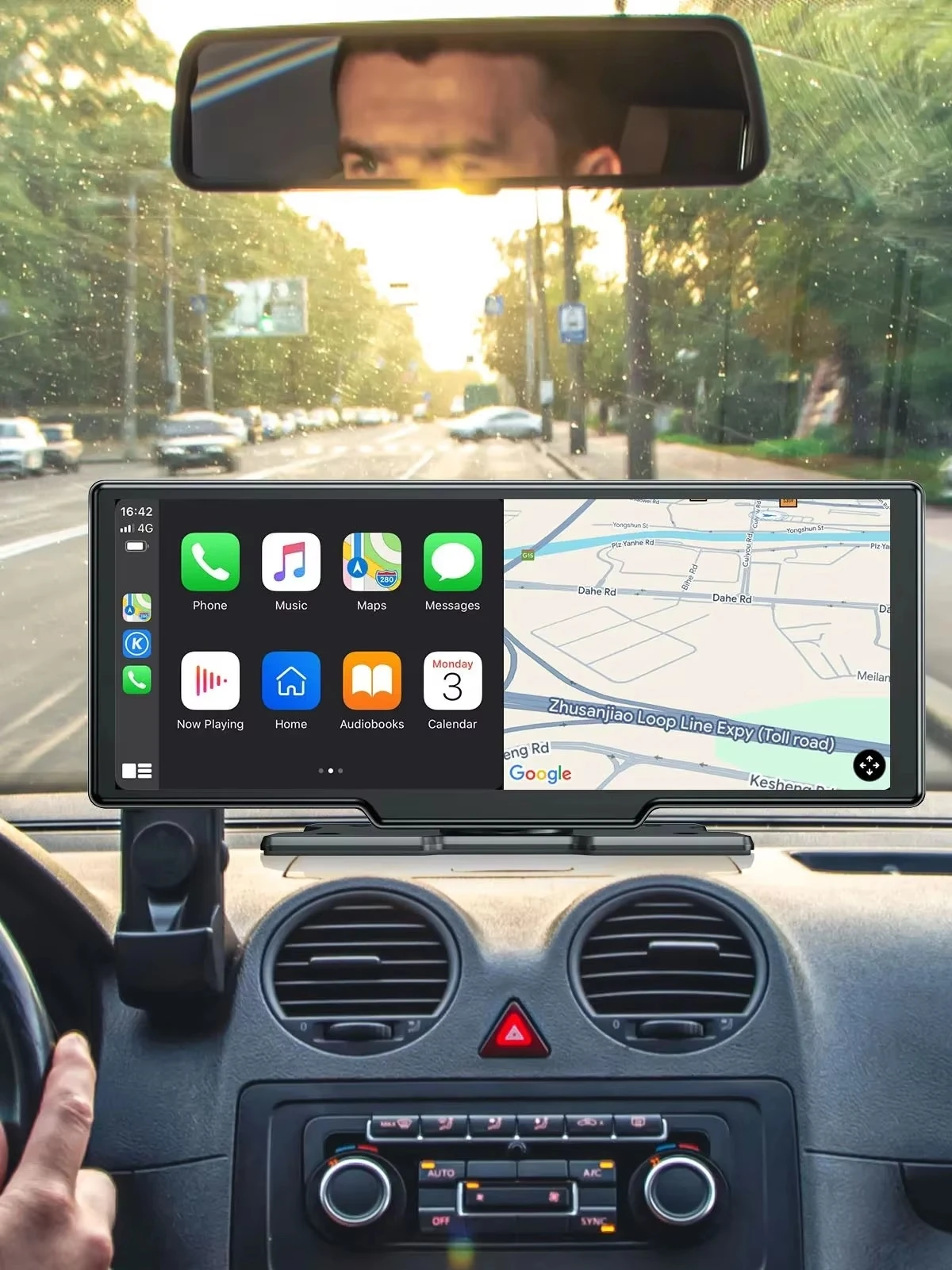ESSGOO 10,26 Zoll 4K 64GTF Tragbarer Touchscreen CarPlay Bluetooth Mirror Link Lenkradsteuerung Autoradio Kabelloses Carplay Android Auto Kartenleser Dual-Lens-Dashcam Rückfahrkamera AUX FM