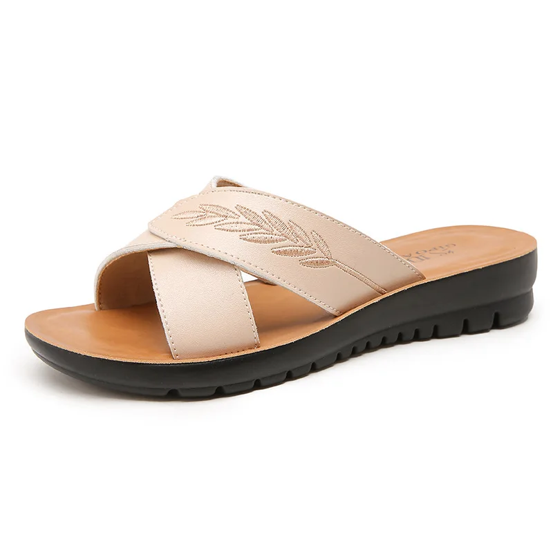 Women Sandals Summer Fashion Leather Open Toe Slip On Walking Shoes Female Slippers Breathable Plus Size Mother Shoes