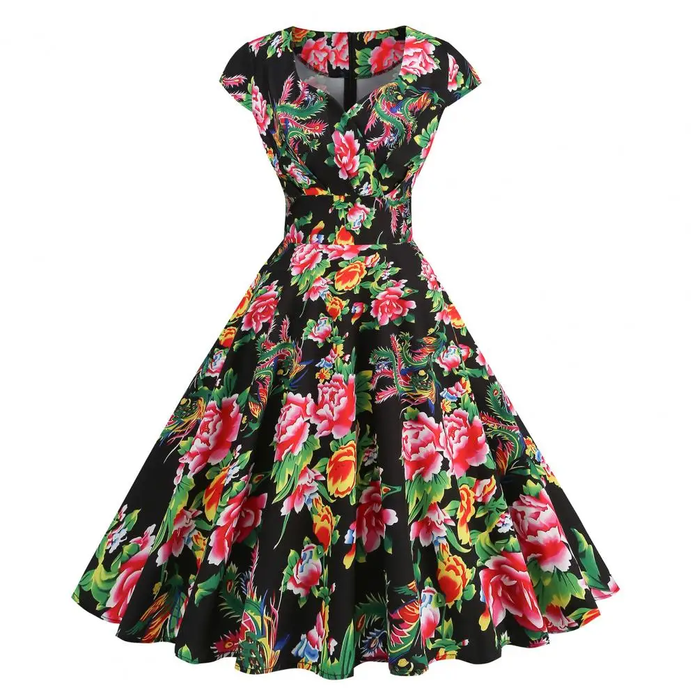 Women Dress Chinese Style Floral Print V Neck Short Sleeve Ethnic High Waist Party Prom Midi Dress Colorful Country Style Dress