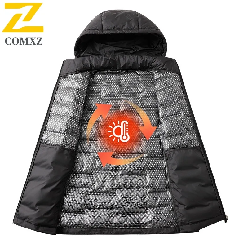 COMXZ Men Travel Down Jacket High End Outdoor Design Thickened Warmth Parka Premium Hooded Ultra Light Winter Padded Jacket