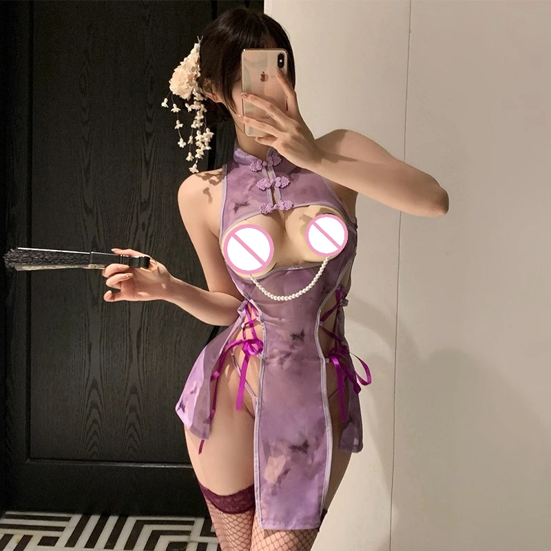 M-3XL Large Size Lingerie Cheongsam Women Antique Erotic Hollow Breast Babydoll Chinese Qipao Uniform Sheer Split Backless Dress