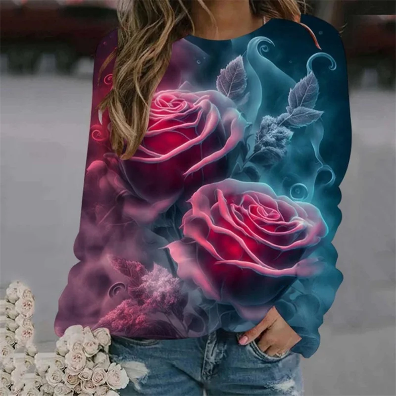 Rose Flower 3D Print Autumn Long Sleeve T-shirt Women Y2k Breathable Outdoor Sport Personality Pullovers Tops Female Clothing