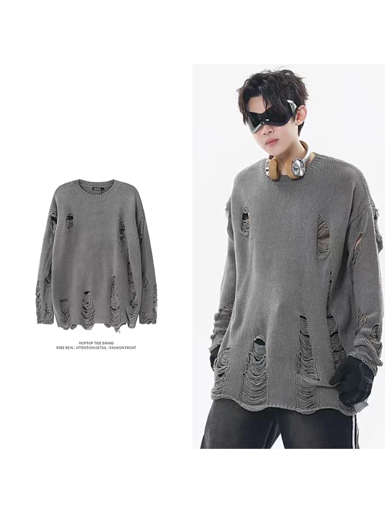 

Мужской вязаный свитер свободного кроя в стиле хип-хоп, осенняя новинка, винтажный свитшот с дырками, молодежный, с длинными рукавами