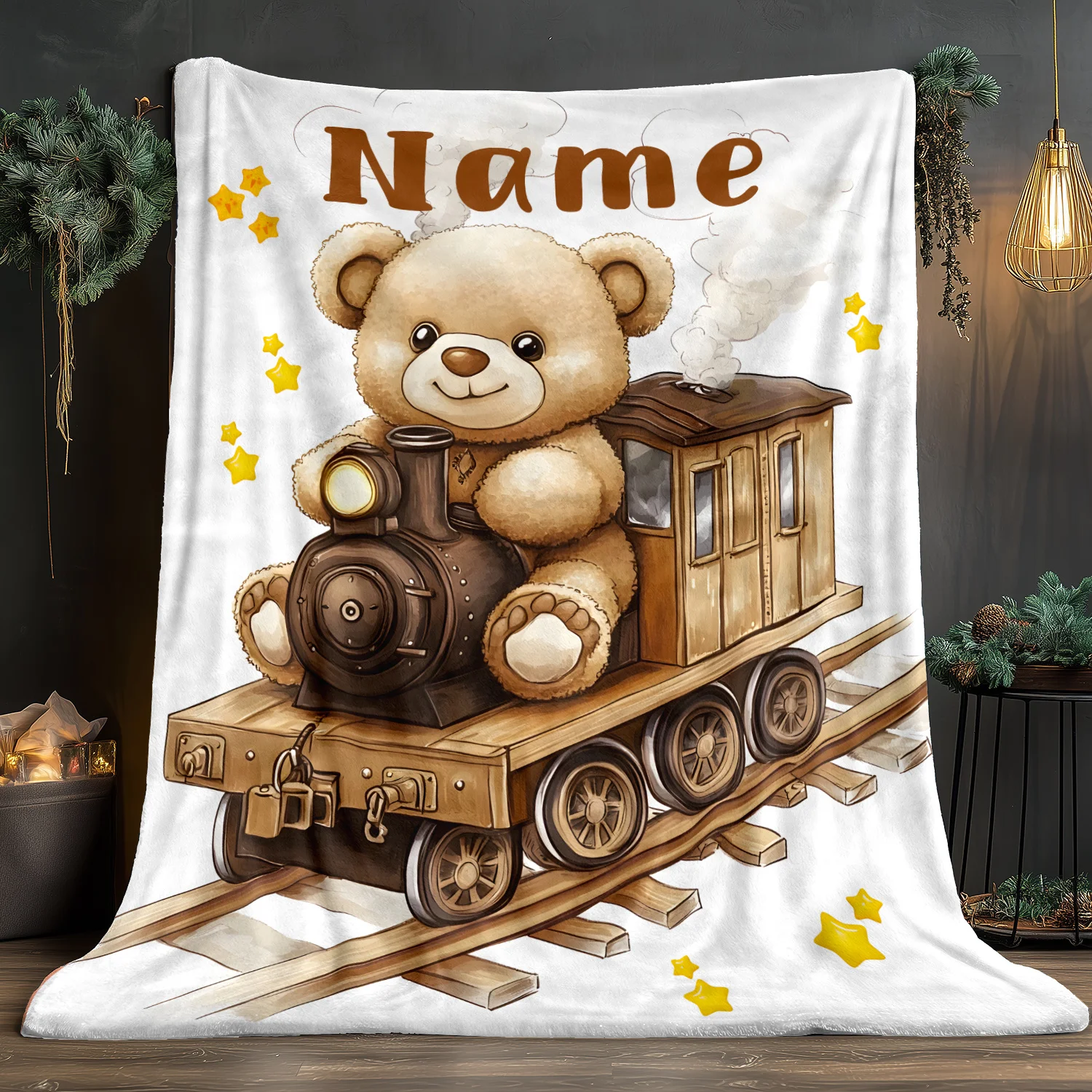 بطانية فلانيل مخصصة على شكل قطار الدب - رمي ناعم وخفيف الوزن مع اسم مخصص - تصميم قطار عتيق مع نجوم - مثالي