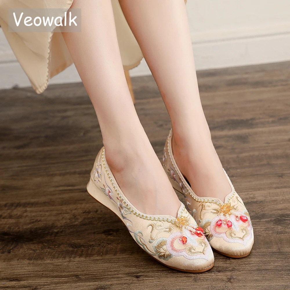 Veowalk Elegant Women Cotton Satin Embroidered Ballet Flats Comfortable Soft Leisure Walking Shoes Beige Pink Blue White