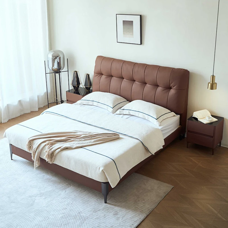 

#For popular soft modern king bed bedroom furniture household bed frame solid wood leather double bed with bedside table