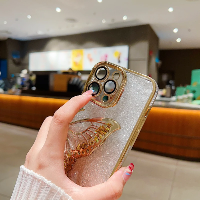 Funda de teléfono de mariposa con purpurina y borde chapado de Color sólido de lujo para iPhone 17 Pro Max Air 15 11 12 13 14 16 Pro Max