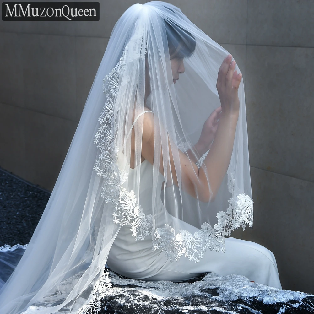 M23 2 Tier Long Cathedral Veil Sparkle Lace White Long Veil With Hair Comb Off-white Bridal Wedding Long Drag Veil