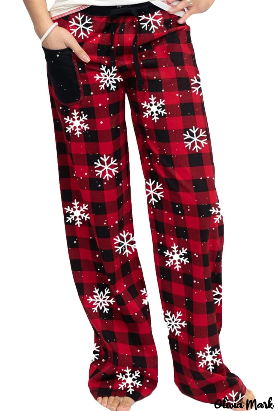 Christmas Printed Pajama Pants Women Elastic High Waist Drawstring Trousers Loose Wide Leg Homewear Pants