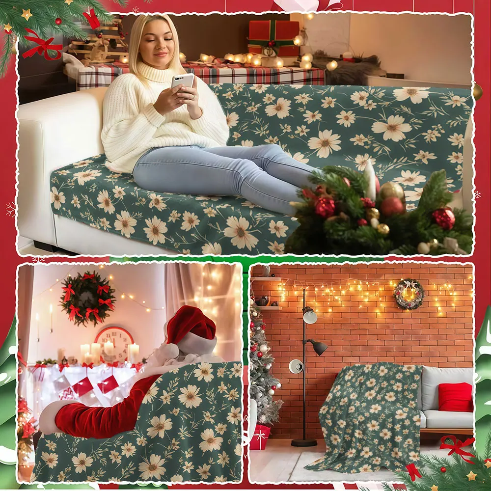 Small green flower pattern Winter Summer Flannel Blanket Throw Fleece Soft Fuzzy Plush Cozy Fleece Blankets for Sofa Ideal Gifts