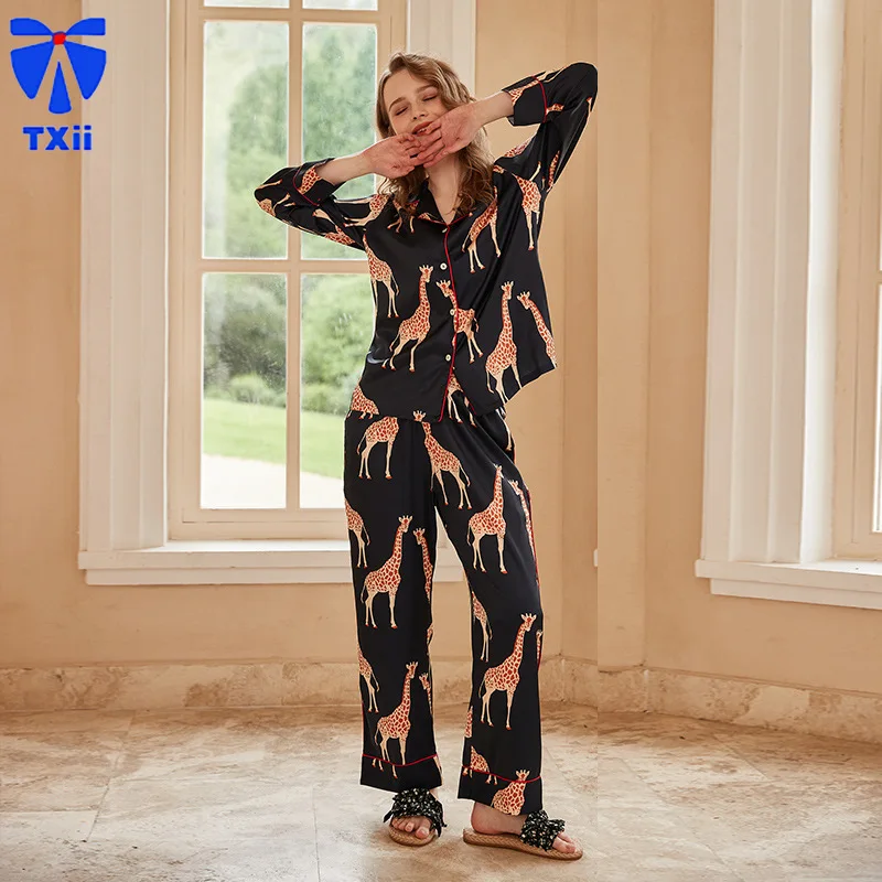 【Black Giraffe 】comfortable Ice Silk Pajamas Women High-end Sense ins Style Lapel Spring/Summer Long Sleeve Home Suit 17