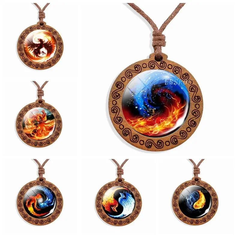 Yin Yang Jewelry Fire and Water Fish Fire Phoenix Photo Glass Cabochon Wooden Necklace Women Vintage Rope Necklace