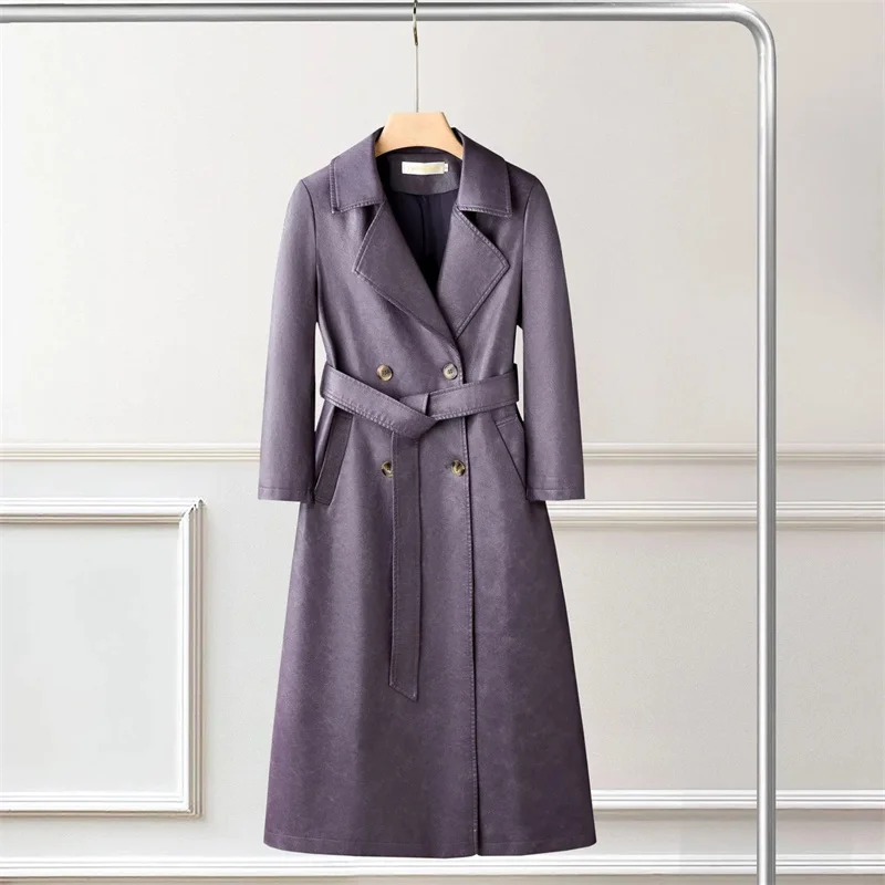 2025 신상 가을 겨울 고품질 X롱 레더 코트 여성 인조 가죽 재킷 더블 브레스티드 새시 캐주얼 레이디 오버코트