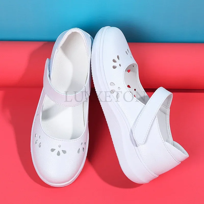 Genuine Leather Nurse Shoes for Women Comfortable Soft Sole Flat Sole Lightweight and Breathable Sloping Heel Small White Shoes