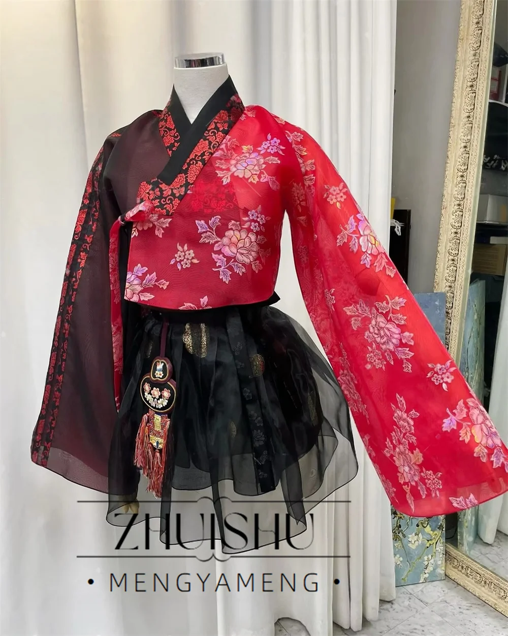 2026 Vintage Black and Red Hanbok Korean Performance Dress Full Sleeves Jacket Spaghetti Straps Top Mini Skirt Customized