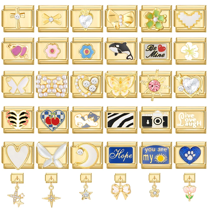 الزركون نجوم القلب زهرة الذهب اللون قلادة الروابط الإيطالية الخرز صالح 9 مللي متر الفولاذ المقاوم للصدأ سوار الإيطالي DIY بها بنفسك صنع الهدايا