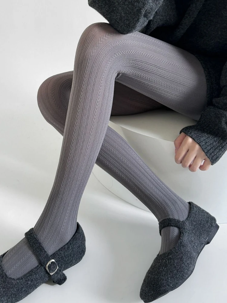 Gray Slim Leggings Women 2025 New Retro Vertical Grain Wheat Ear Jacquard Pantyhose Cotton Solid Thin Sexy Versatile Leggings