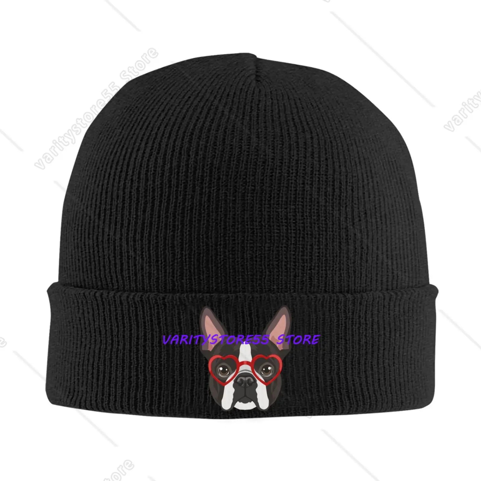 Boston Terrier Dog Hipster Glasses Print Warm Knitted Cap Hip Hop Hat Autumn Winter Outdoor Beanies Hat for Unisex Unisex Adult