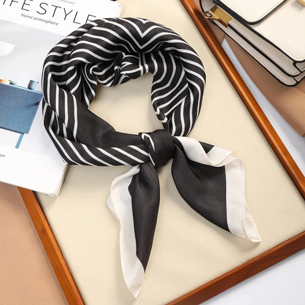 Trendy Square Silk Scarf Double Sides 70*70cm Hair Scarf Handbag Wraps Black White Bandana Women