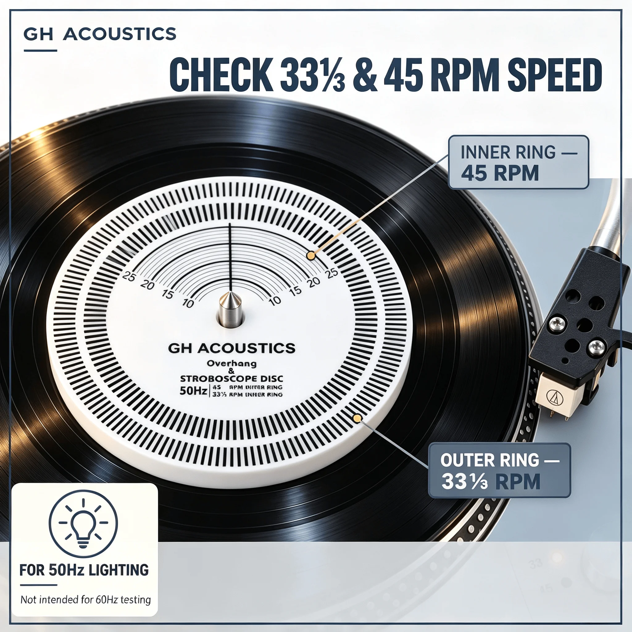 Overhang & Speed Gauge GH ACOUSTICS 50Hz Turntable Strobe Disc 33 1/3 45 RPM Vinyl Record Player Adjustment Accessory