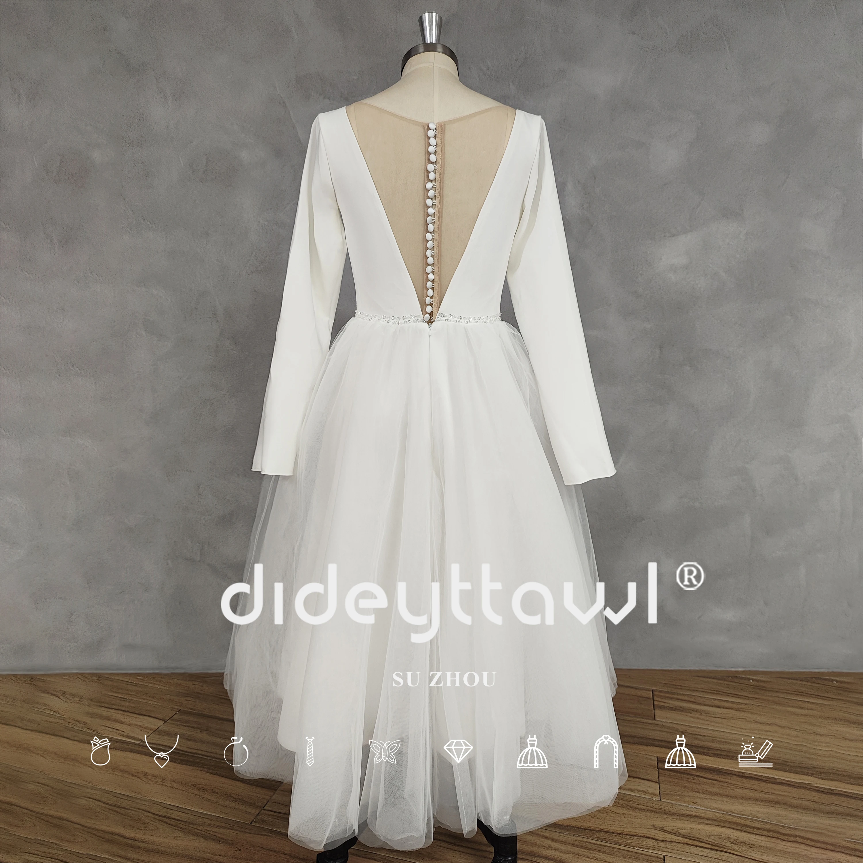 DIDEYTTAWL-Vestido de casamento com decote em V, vestido de noiva, manga comprida, meia panturrilha, costas ilusionistas, imagem real, elegante