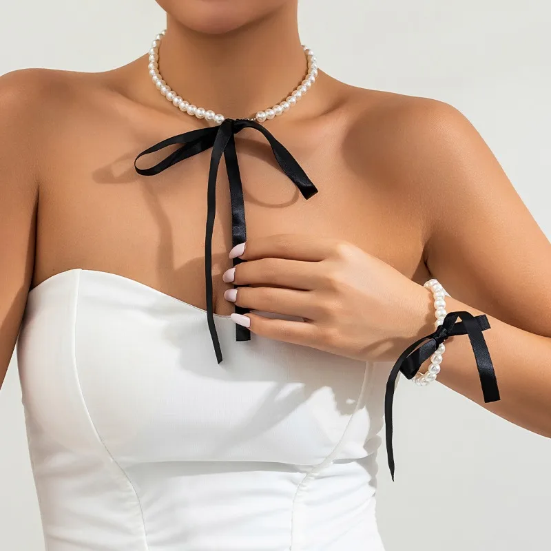 2pcs Vintage Long Bow Imitation Pearls Jewelry Set Women Fashion White Black Ribbon Lace Up Chokers Necklace Bracelets Sets