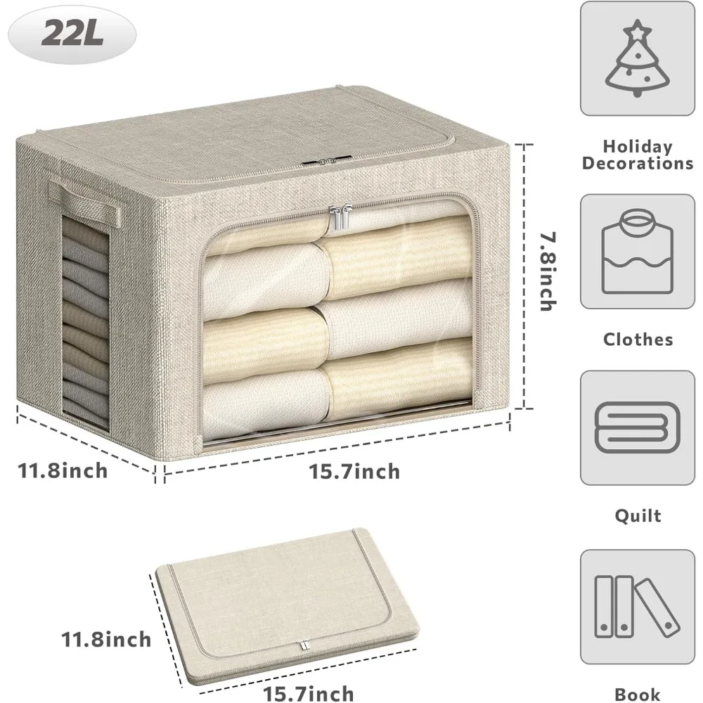 صناديق تخزين قماشية قابلة للطي بإطار معدني - صناديق تنظيم قابلة للتكديس سعة 22 لترًا مع أغطية للملابس وحلول تخزين المنزل