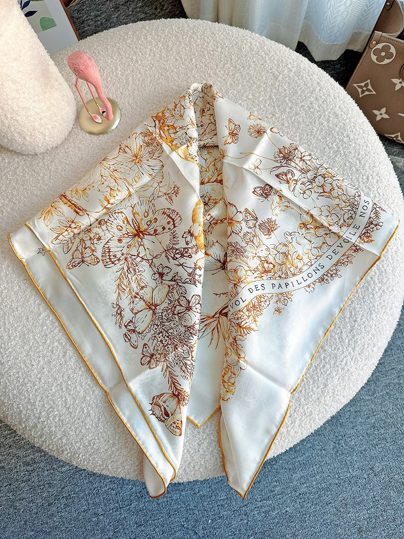 Gold Butter Fly Around The World 90x90 Brand Mulberry Printed Silk Scarf  Handkerchief silk Hair Scarf Women Luxury Brand Hijab