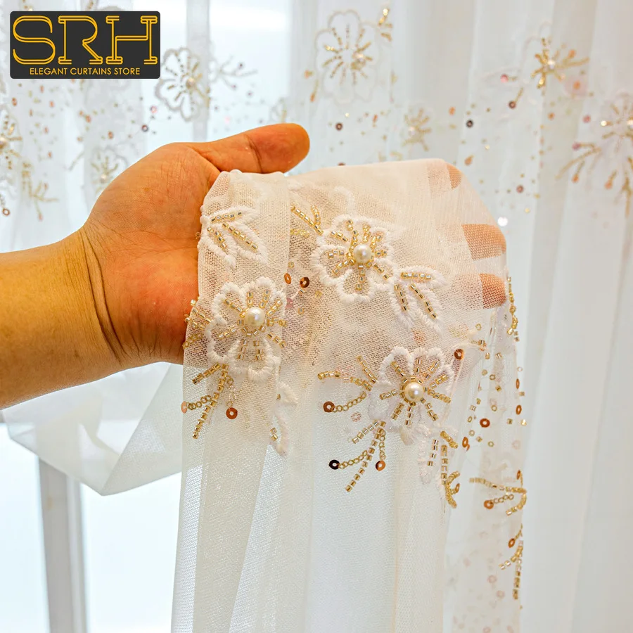 

Light Luxury Beaded Flower White Gauze Translucent Embroidered Lace Window Screen Bedroom Balcony Partition Blackout Custom New