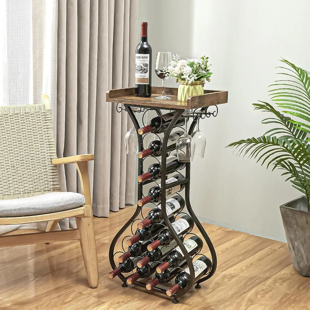 

X-cosrack Wine Storage Rack Freestanding Floor, Wine Rack Mini Bar Table with Tabletop, Glass Holder Wine Bottle Display Stand L