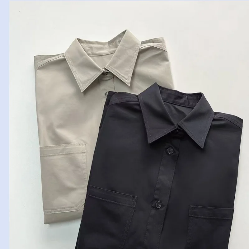 Close your eyes and enter the crisp cotton multi pocket shirt. Solid color classic workwear unisex shirt