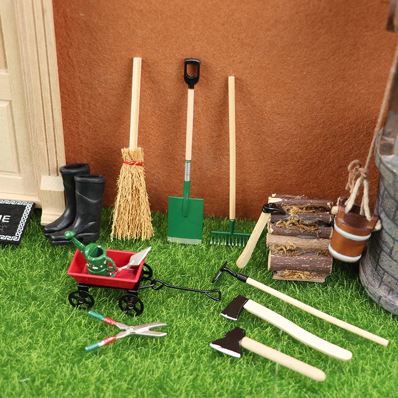 1Set 1:12 Dollhouse Miniature Farm Tool Ax Shovel Pull Cart Broom Boots Watering Can Garden Decor Toy Doll House Accessories