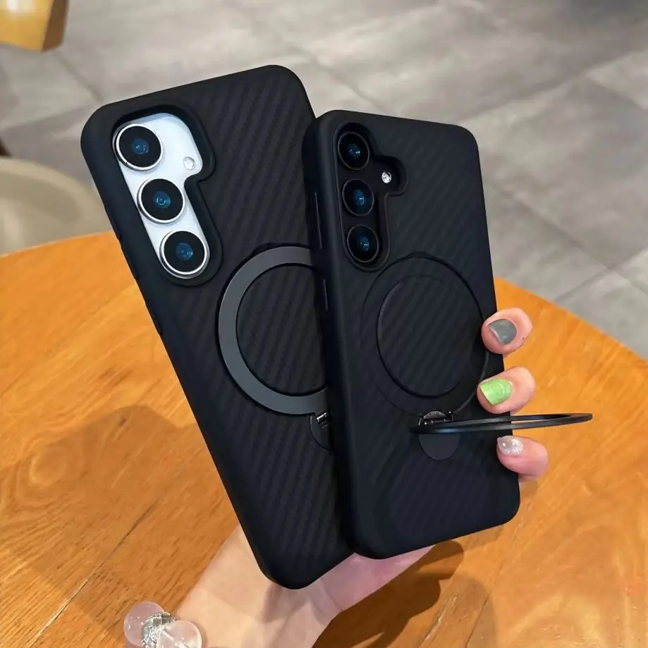 Luxury Kevlar Carbon Fibre Pattern Magnetic Bracket Phone Case For Samsung S26 S25 S24 Ultra Plus 360° Rotate Stand Holder Cover
