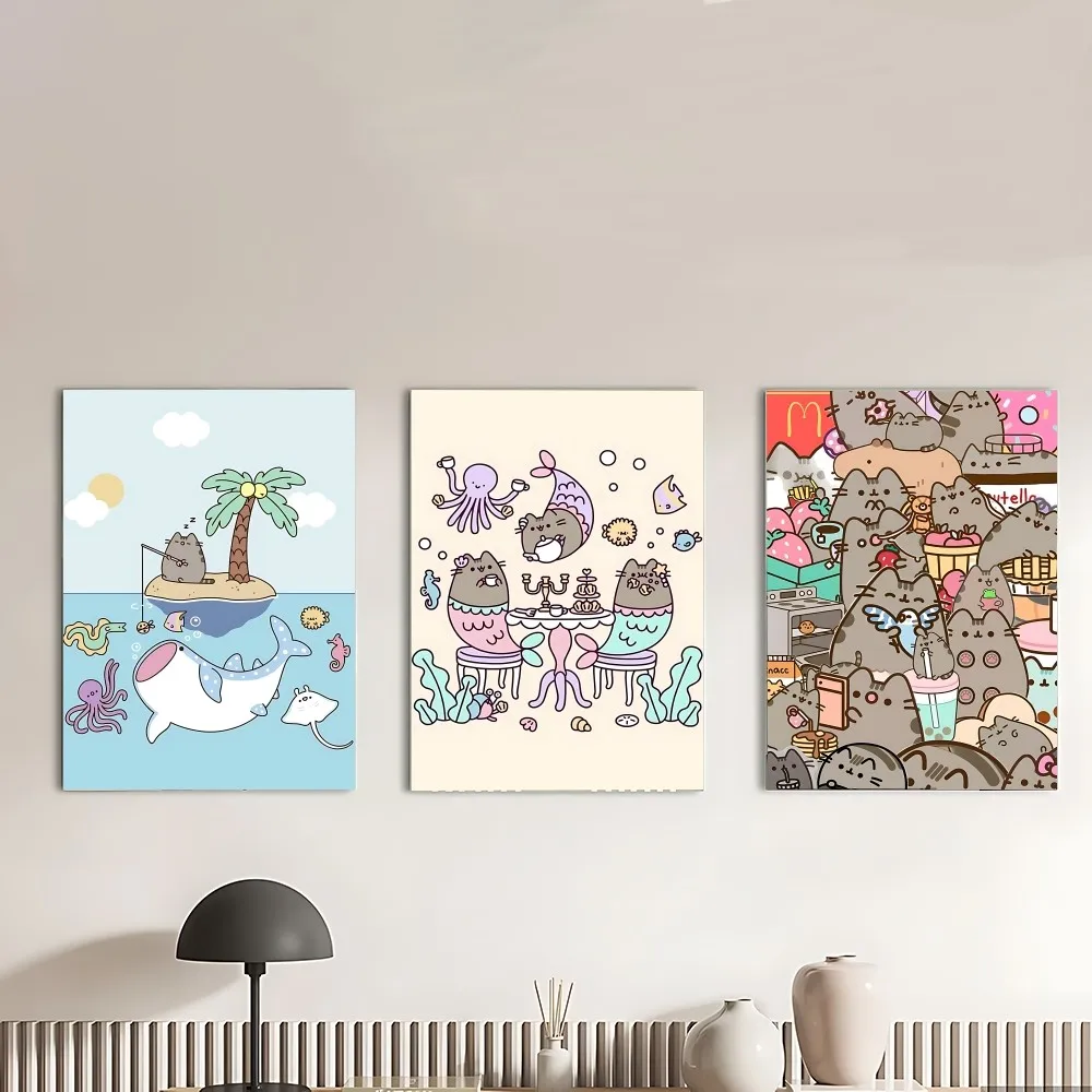 Cartoon P-Pusheens Poster Sticky Posters Waterproof Paper Sticker Coffee House Bar Home Decor